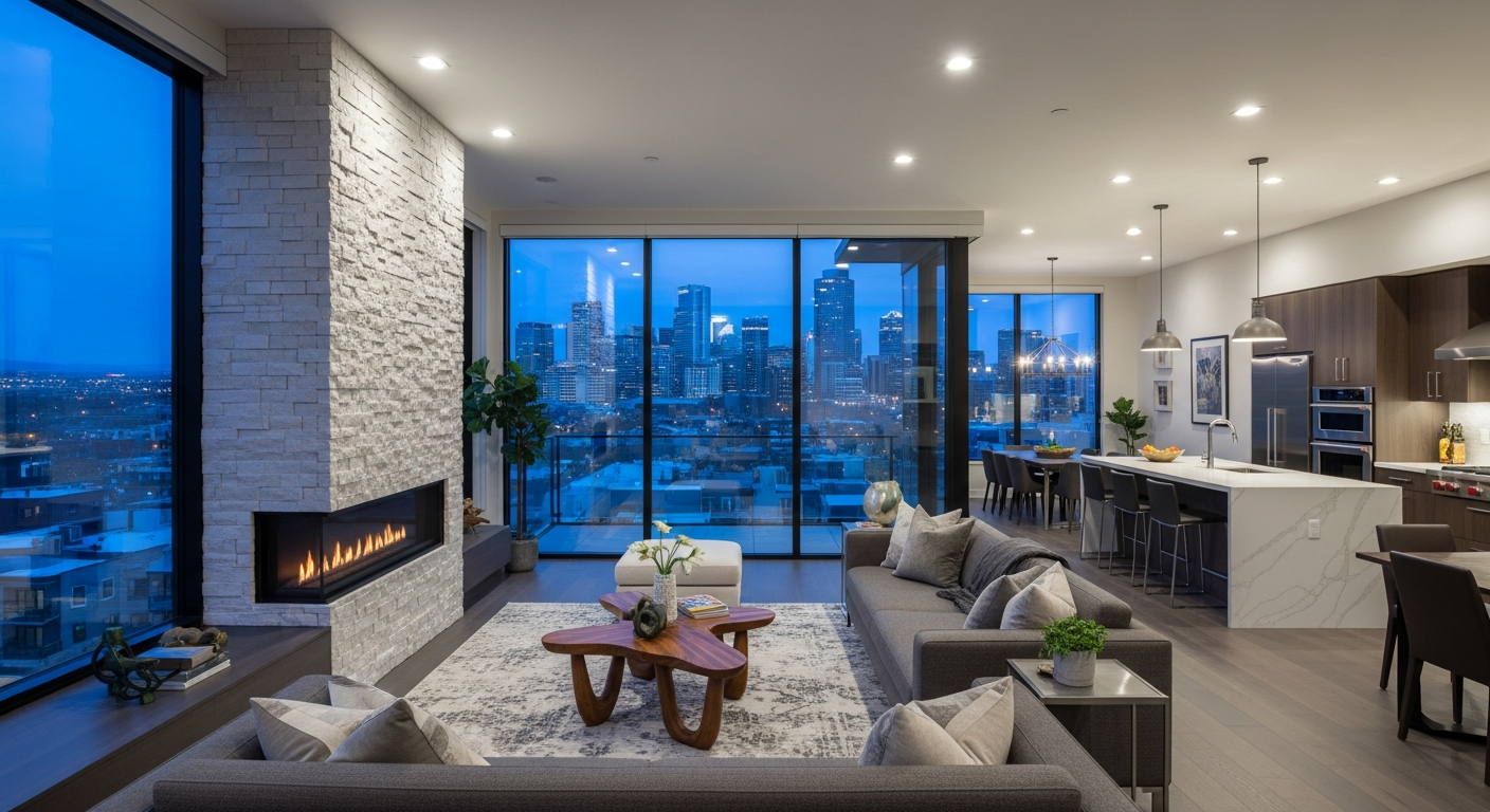 Sleek modern Denver townhome interior with downtown skyline views and contemporary luxury furnishings